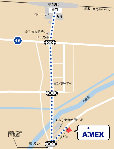 草加駅から草加工場までの道のり